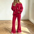 thumbnail image 2 of VISALY Women Two Piece Outfit Sets Off Shoulder Long Sleeve Knit Sweatshirts Sweater Loose Fit Flared Pants Casual Athleisure Sweatsuit Trendy Lounge Travel Workout Matching Tracksuit Wine Xl, 2 of 9