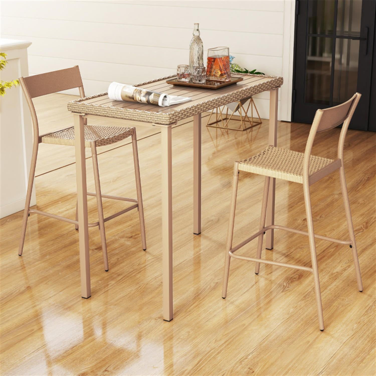 Demi Bonn 3 Pieces Patio Bar Table Set with Height Table and 2 Armless Chairs, Outdoor Bistro Sets Accent Furniture for Yard, Garden, Brown