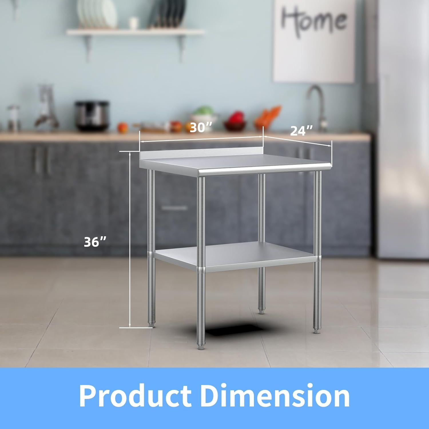 AINUO 30'' x 24'' Stainless Steel Prep & Work Table, Commercial Workstation with Adjustable Undershelf and Backsplash, Heavy Duty Metal Table for Kitchen, Restaurant, Home and Hotel