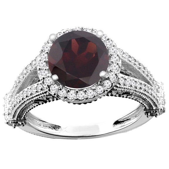 10K White Gold Natural Garnet Ring Round 8mm Diamond Accent, size 5