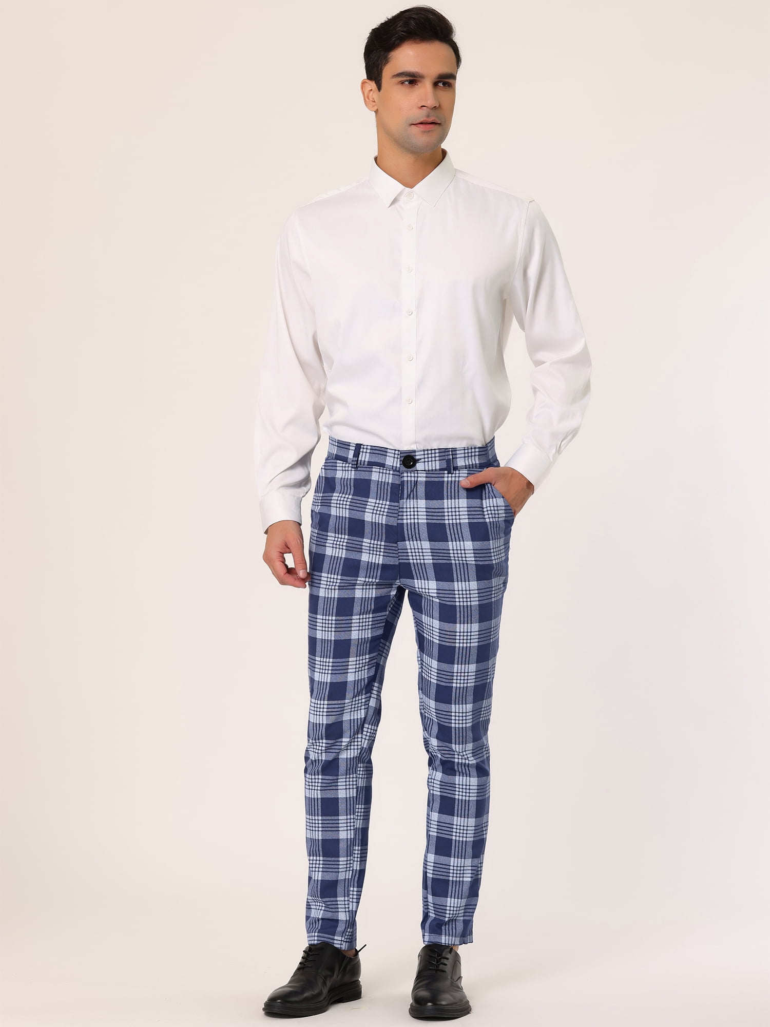Unique Bargains Men's Plaid Dress Pants Casual Slim Fit Checkered Business Trousers 36 Navy Blue