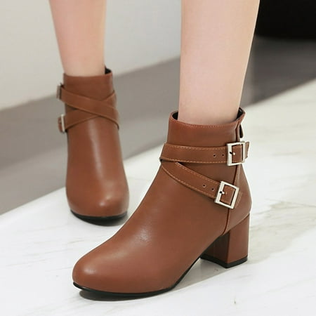 

Ankle Boots Autumn And Winter Women Thick Heel Short Boots Belt Buckle Mid Heel Side Zipper Women Boots