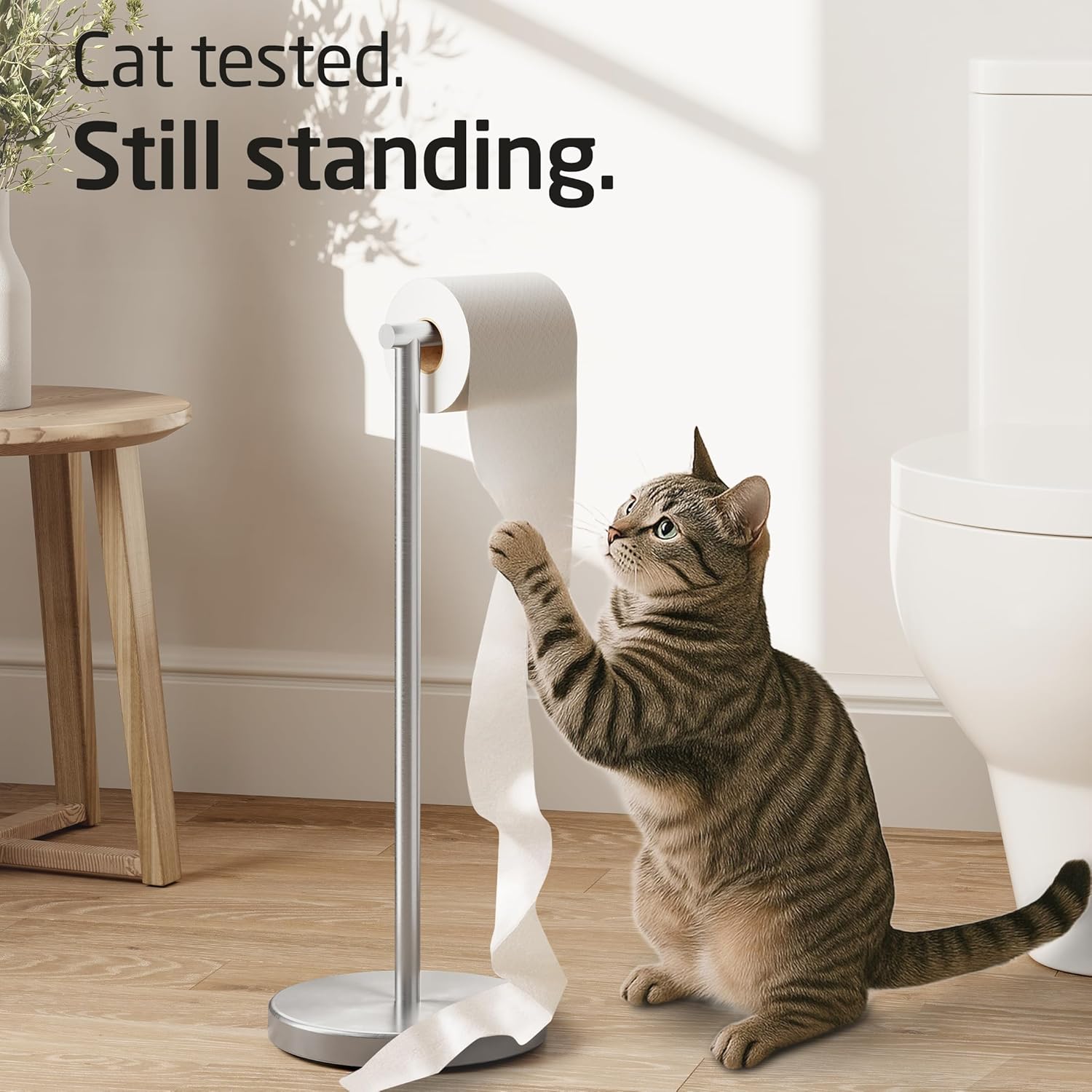 Toilet Paper Holder Stand with Weighted Base, 26" H (Taller Version) Free Standing Toilet Paper Roll Holder for Bathroom, Rustproof, BPH283S66-BK