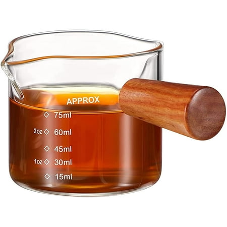 

1 Pack Double Spouts Measuring Triple Pitcher Milk Cup with Wood Handle 75ML Espresso Shot Glasses Parts Clear Glass