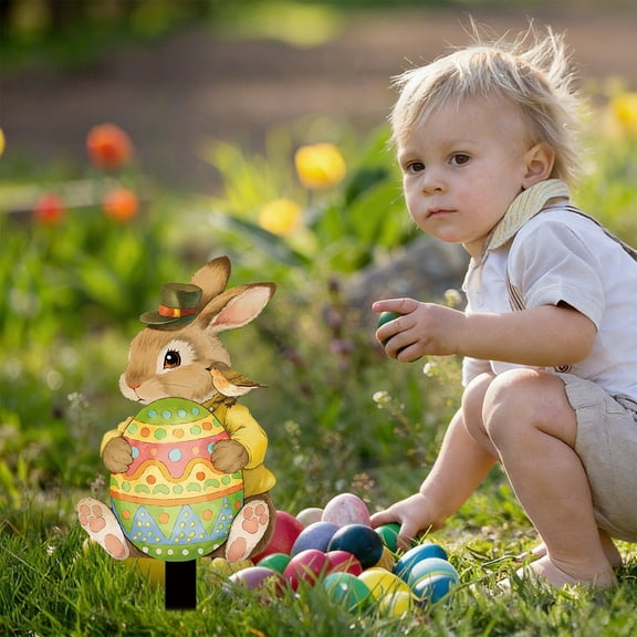 Meggemo Easter Bunny and Egg Gnome Garden Stake Outdoor Decor for Lawn Patio Flower Bed Festival