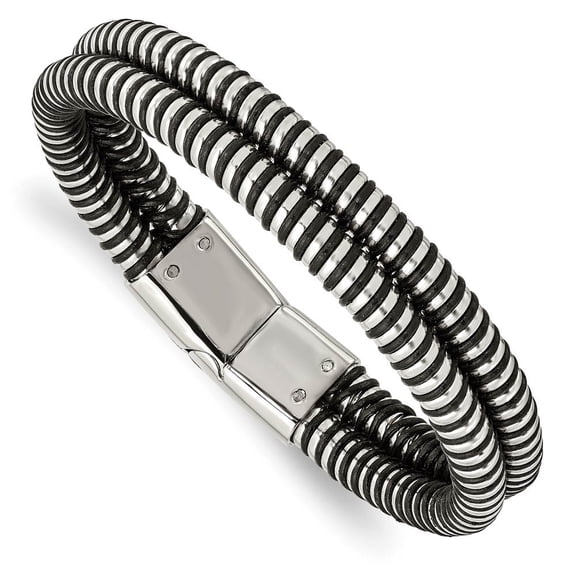 Chisel Stainless Steel Polished & Black Leather 8.5in Bracelet