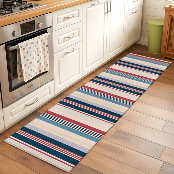 2'x6' Rug Runners for Hallways Kitchen, Blue Red Striped Non Slip Entryway Beside Floor Carpet Runner, Modern Stripes Art Farmhouse Washable Laundry Room Bedroom Throw Rugs Mat for Family Pet