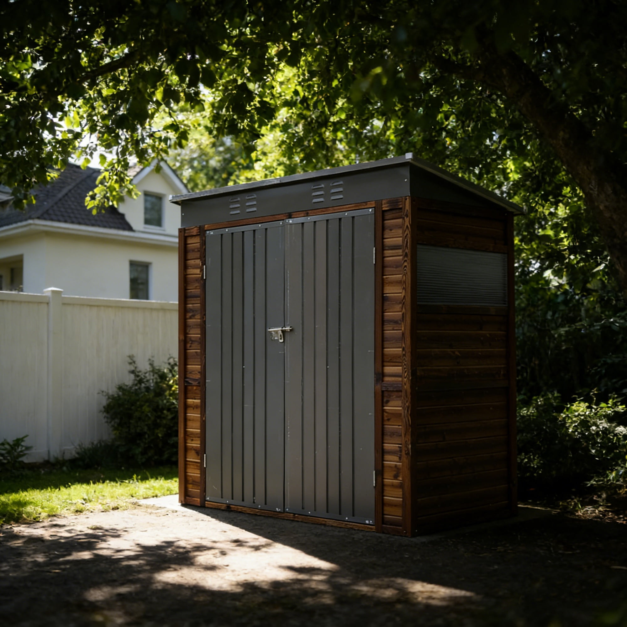 Fehomix 3x5 FT Outdoor Storage Shed, Metal and Wood Tool Shed with Wide Iron Doors & Windows, Weatherproof Garden Shed for Backyard, Lawn Mower & Large Equipment Storage
