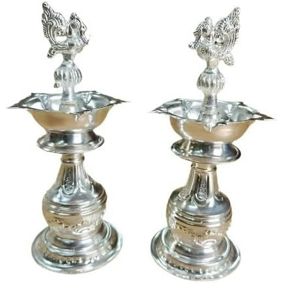 German silver peacock diya pair , 8" for diwali, housewarming , gift item