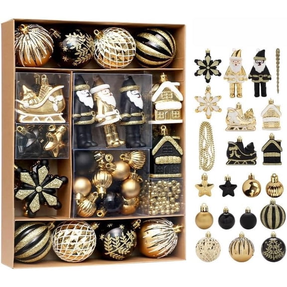50ct Shatterproof Christmas Ball Ornaments, 2.36 Inch Small Plastic Hanging Baubles in Black & Gold for Xmas Tree Wreath Garland Party Home Holiday Decor