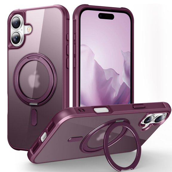 Decase Case for iPhone 16 Plus with 360°Rotatable Magnetic Ring Stand,Compatible with Mag-Safe,Lightweight and Translucent Matte Back Shockproof Protective Case Men Women,Winered