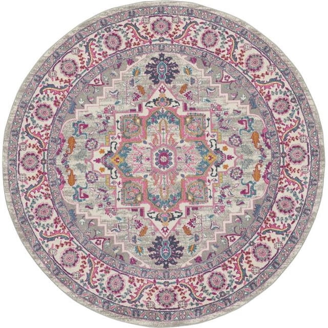 HomeRoots 527734 8 ft. Gray & Ivory Round Floral Power Loom Area Rug