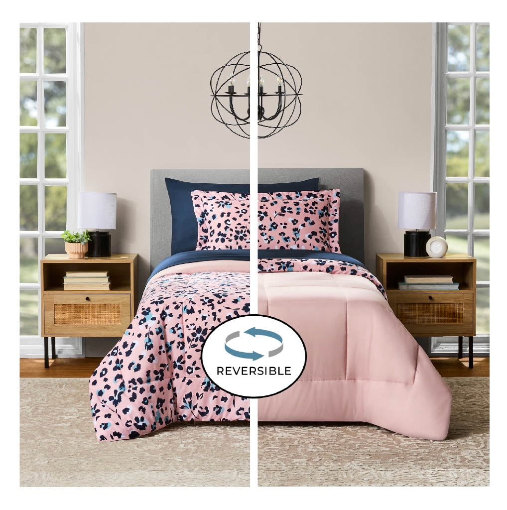 Mainstays Bed-in-a-Bag Reversible Comforter and Sheet Set, 5-Piece, Twin-XL, Pink Animal Print