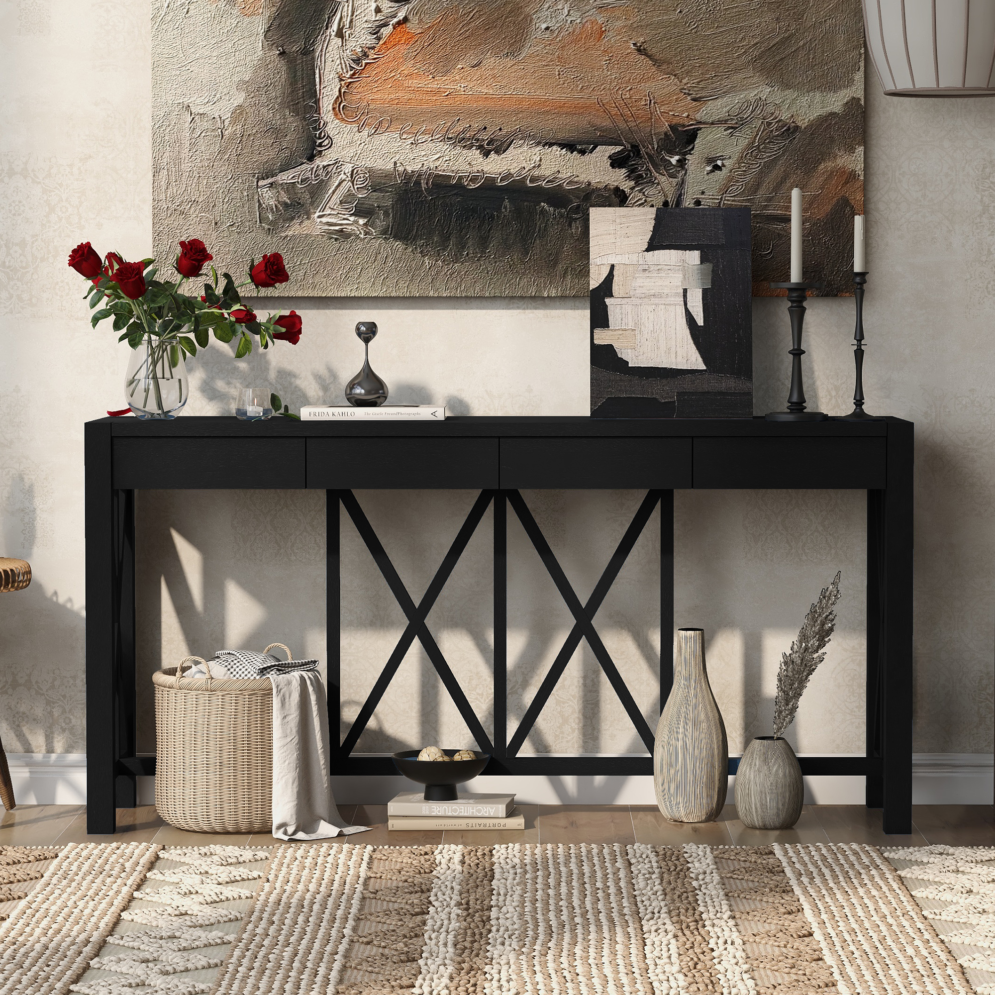 Euroco 60" Wood Console Table with 4 Drawers,Farmhouse Narrow Long Entryway Table Sofa Table with Open Bottom Storage for Living Room,Kitchen,Hallway,Black