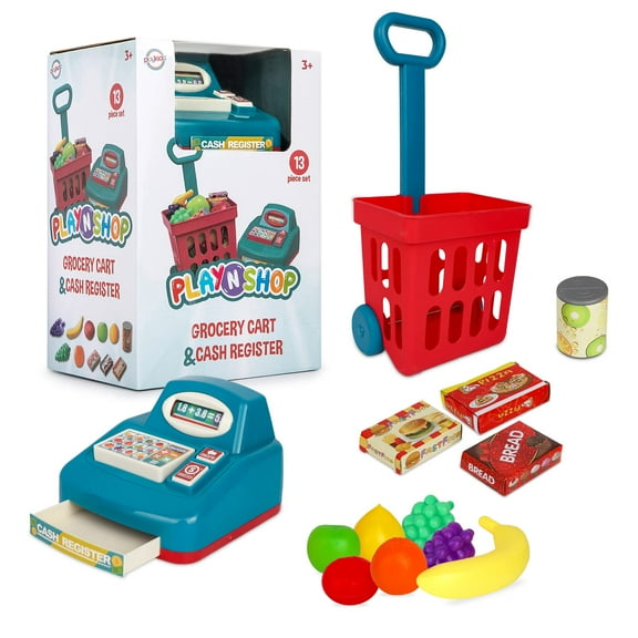 Playkidz Toddlers Toy Shopping Cart Play Set - 12 Piece Small Size Toy Shopping Basket with Cash Register, Pretend Play Food Items – Realistic Kitchen Accessories for Toddlers Ages 1-3