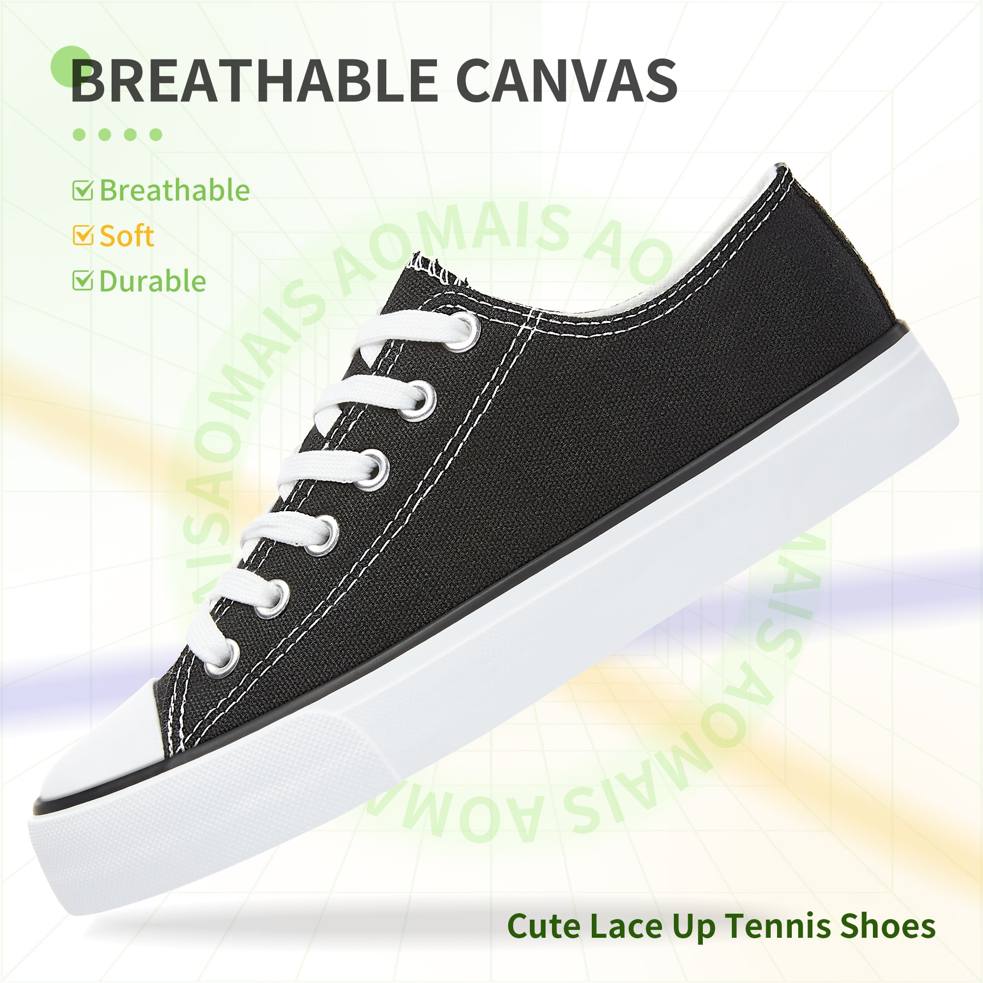 AOMAIS Womens Canvas Fashion Sneakers Classic Low Top Fabric Shoes Casual Walking Canvas Flats Cute Lace Up Tennis Shoes for Lady(Black US5)