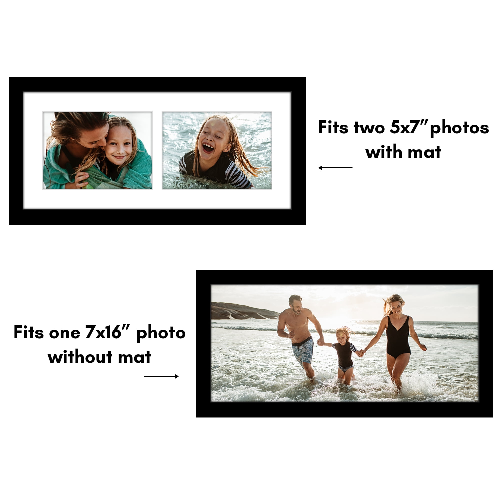 Americanflat 5x7 Double Picture Frame with Shatter-Resistant Glass Fits 2 use as One 7x16 Frame Signature - Black