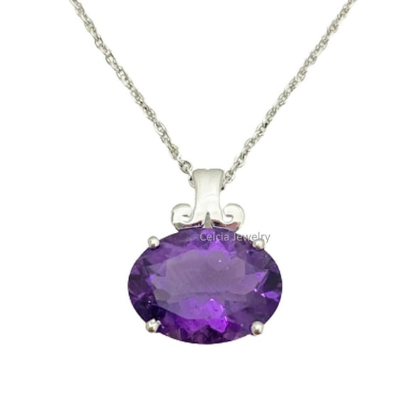 Real 925 Sterling Silver Necklace For Women, Genuine Prong Oval Amethyst Purple Gemstone Unique Handcrafted February Birthstone Gift