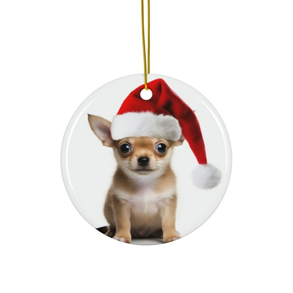 DistinctInk Hanging Ceramic Christmas Tree Ornament with Gold String - Great Gift/Present - 2 3/4 inch Diameter - Chihuahua Puppy Design