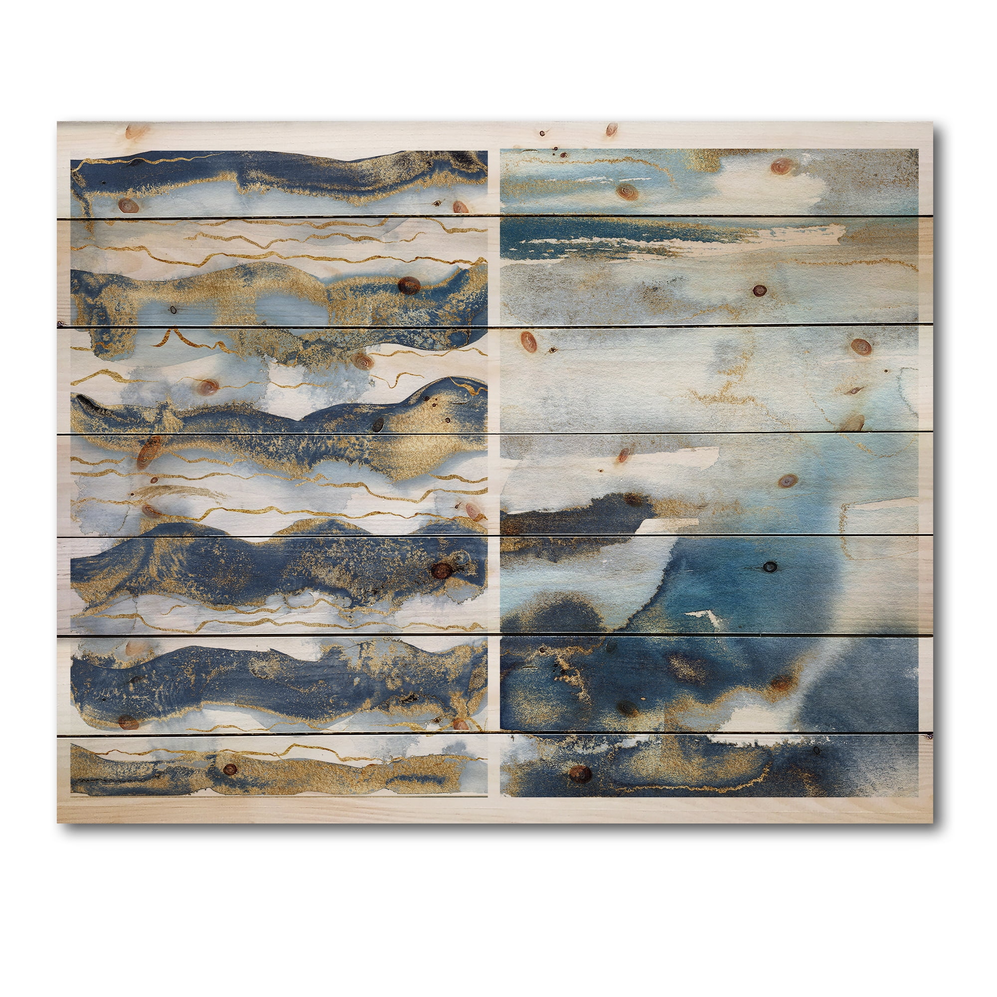 Designart 'Gold and Dark Blue Abstract Waves II' Modern Print on Natural Pine Wood