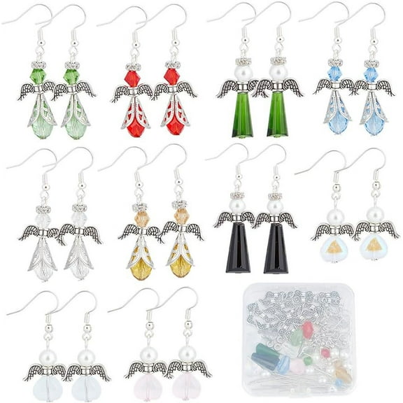 1 Box DIY 10 Pairs Christmas Angel Charms Colorful Guardian Angel Wing Beads Earrings Making Starter Kit Heart Beads Red Green Glass Bead Pearl Beads for Jewelry Making Beading Kits Women