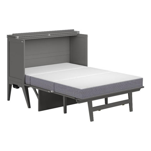 Pemberly Row Solid Wood Frame Full Size Murphy Bed Desk with Mattress in Gray