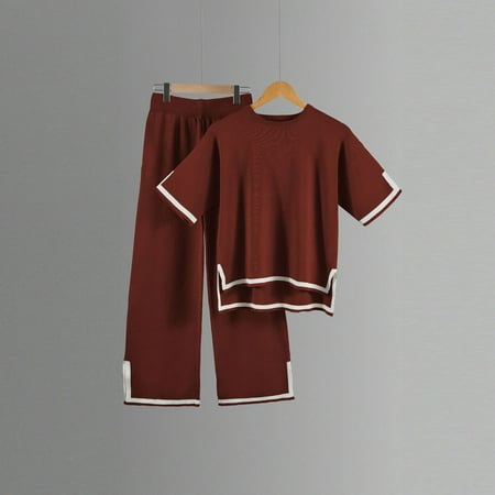 Homenesgenics 2 Piece Outfit for Women Plus Size Women s Summer Knitted Sweater Set Short Sleeve Pullover Wide Leg Pants Red S