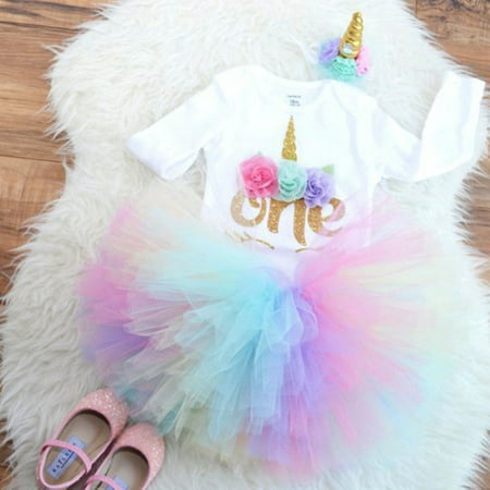 3PCS Baby Girl 1st Birthday Outfit Party Unicorn Tops Romper Cake Smash Tutu Dress