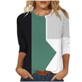 thumbnail image 3 of Liquidation d'Été! Blouses d'Été Fatuov pour Femmes, Décontractées, Grande Taille, Col Rond, Motif Patchwork, Manches 3/4, T-Shirts Bleus, 3 of 5