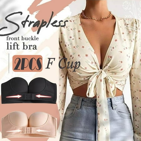 BYHONG Womens 2PCS Solid Color Strapless Non Adjustment Rimless Dress Bra F Cup Black+Beige Bra for Women Black Beige 75F