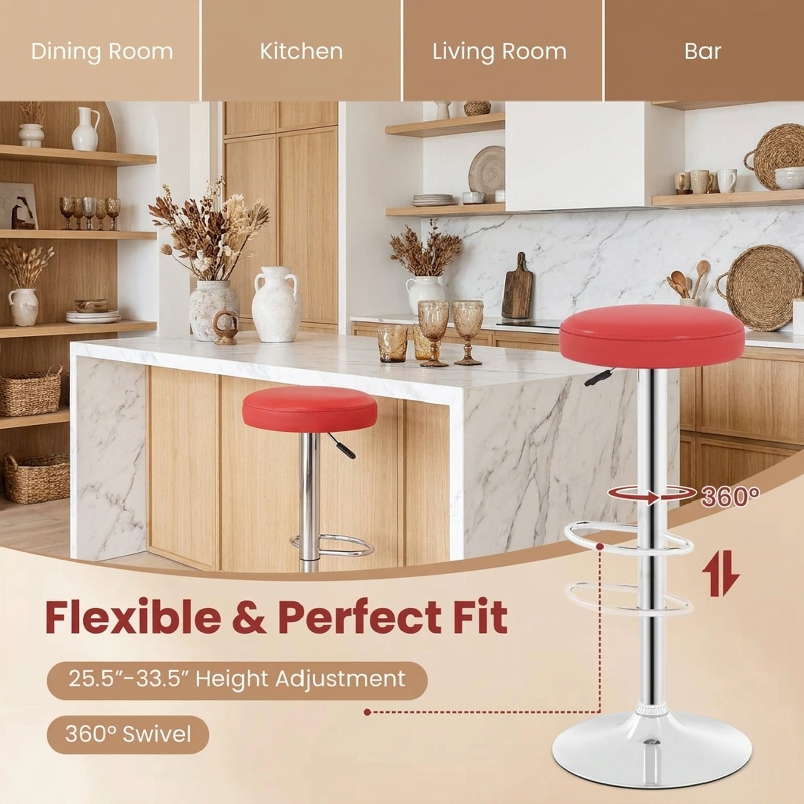 Furnibear Set of 2 Height-adjustable Swivel Bar Stool with 360° Swivel bar stool for Kitchen Island Counter Bar Pub Dining Home, Red