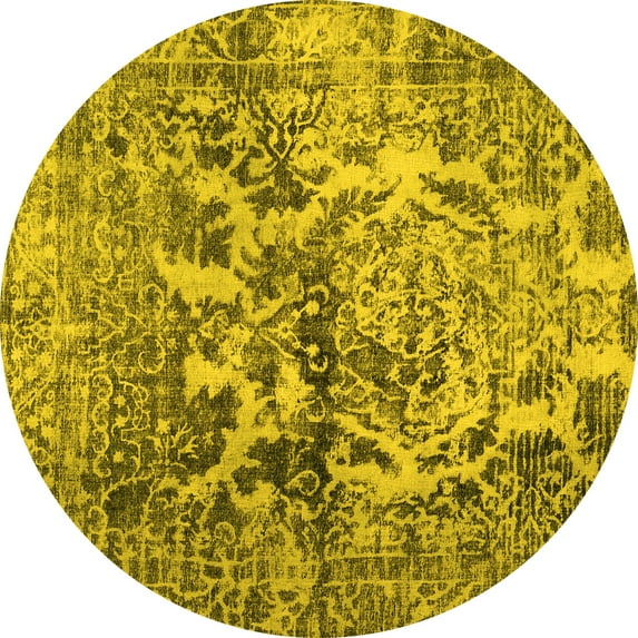 Ahgly Company Machine Washable Indoor Round Abstract Yellow Contemporary Area Rugs, 5' Round