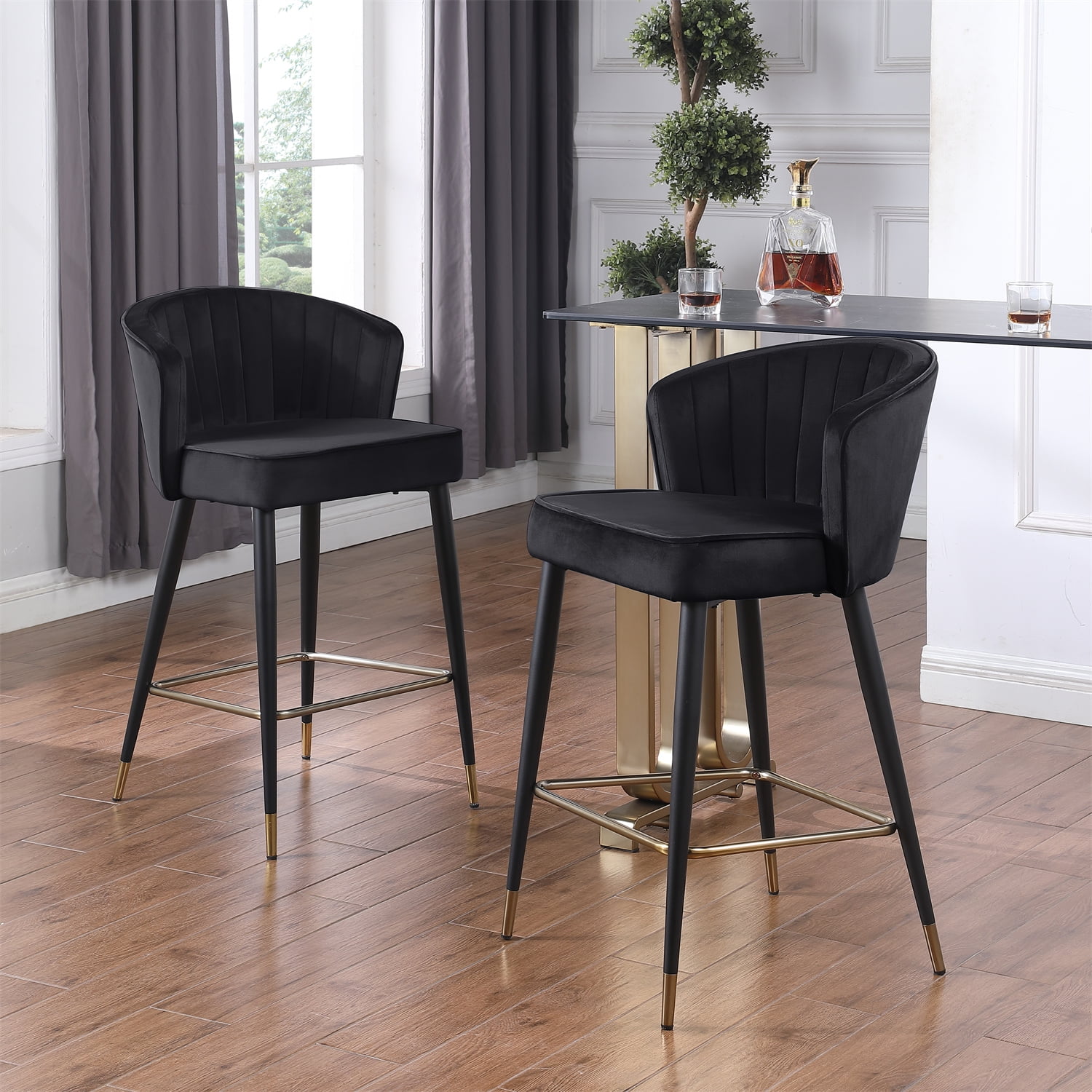 Contemporary Bar Stools Set of 2, Velvet Upholstered Bar Chair with