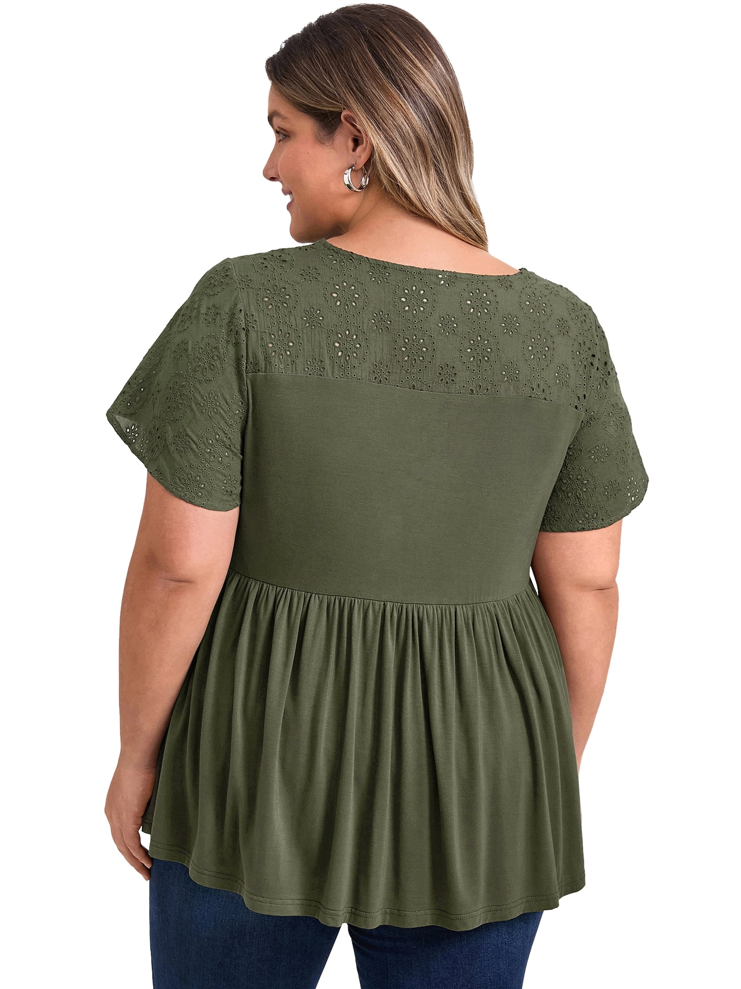 DARING DIVA Women's Plus Eyelet Embroidery Blouse with Ruffle Hem 3X Army Green