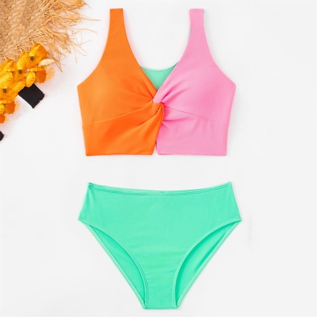 Girl's Solid Color Round Neck Swimsuit Bikini Set with Chest Cushion and Split Shorts for Beach and Pool