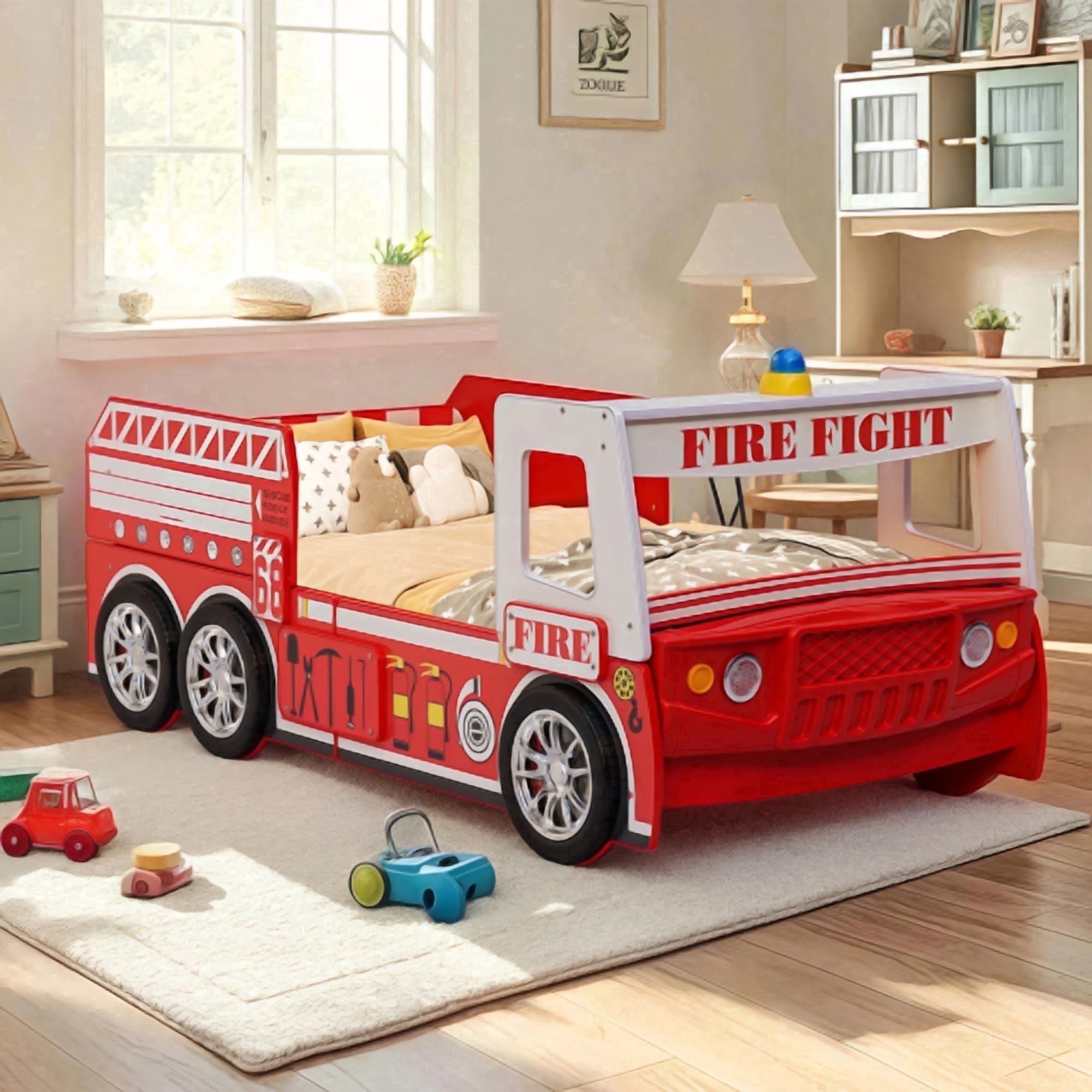 HICOMILA Twin Size Car Bed, Fire Truck Bed, Firefighter Beds, Boys Twin Car Beds, Red LED Headlights & Guardrails for Play & Sleep
