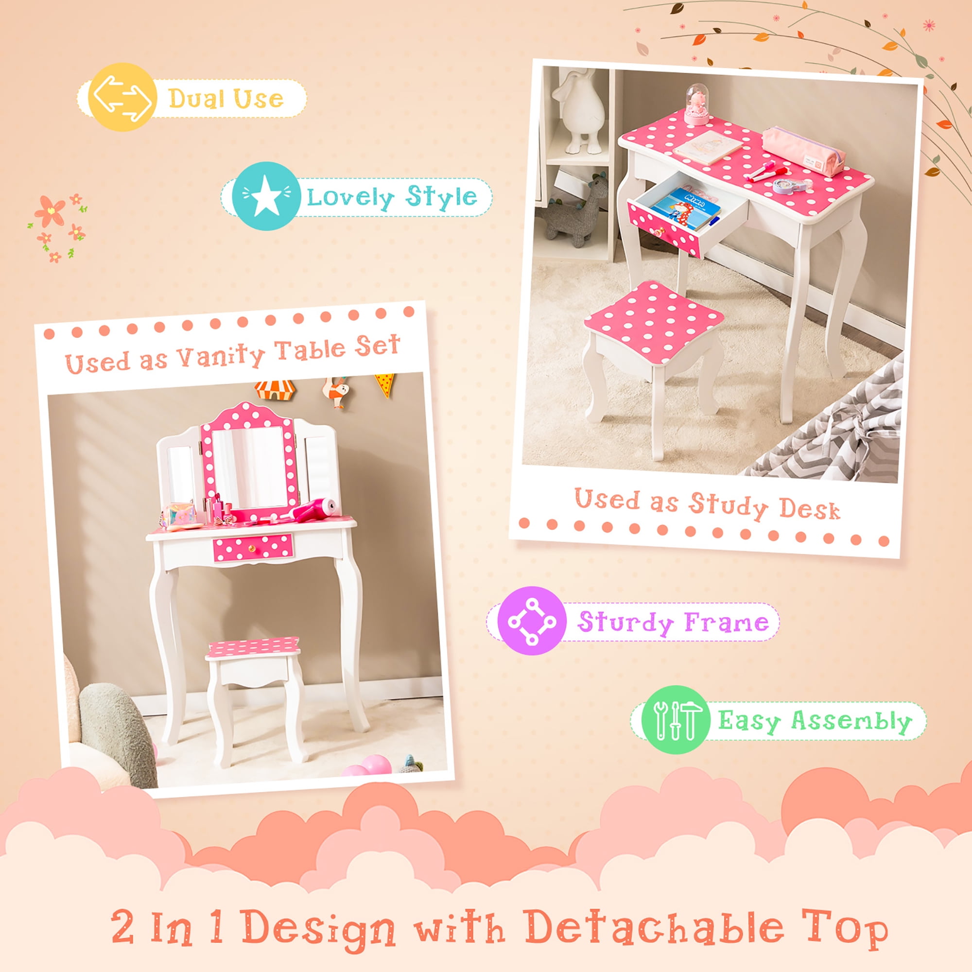 Costway Children's Vanity Set with Drawer, Dressing Table, Stool