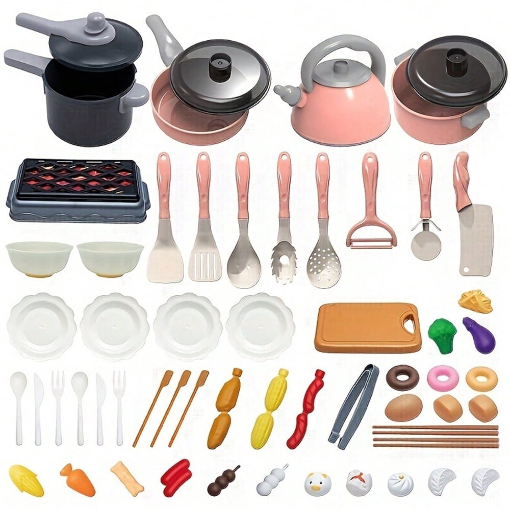61Pcs Kids Kitchen Toys Accessories Set Mini Toddler Play Pretend BBQ Cooking Playset with Play Pots and Pans, Toy Vegetables, Utensils Cookware Toys, Cut Play Food Set for Girls Boys