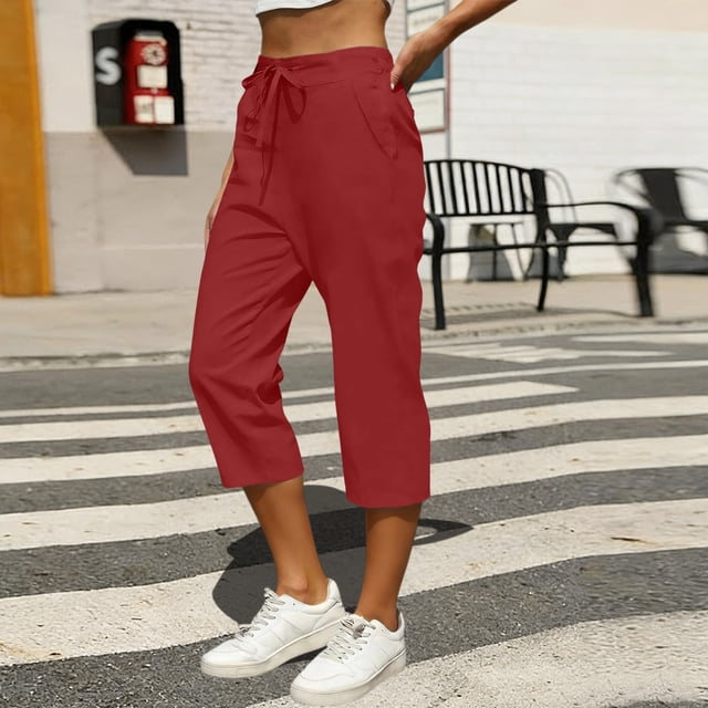 TaTaai Women's High Waist Linen Pants Elastic Drawstring Waistband with Decorative Ruffles Loose Straight Leg Cropped Length Casual Trousers Featuring Side Pockets Gift