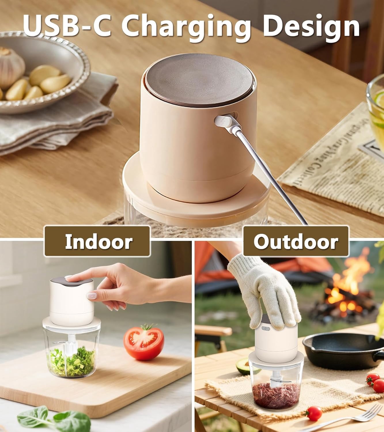 4-in-1 Cordless Food Processor with Glass Bowl and Stainless Steel Containers, USB-C Rechargeable Mini Meat Vegetable Chopper for Kitchen, RV, Camping