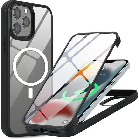 for iPhone 13 Pro Max Case Magsafe,Built-in 9H Tempered Glass Screen Protector,Wireless Charging,Military Dropproof,Dustproof,Real 360,Full Body Shockproof Phone Case(Black/Clear)