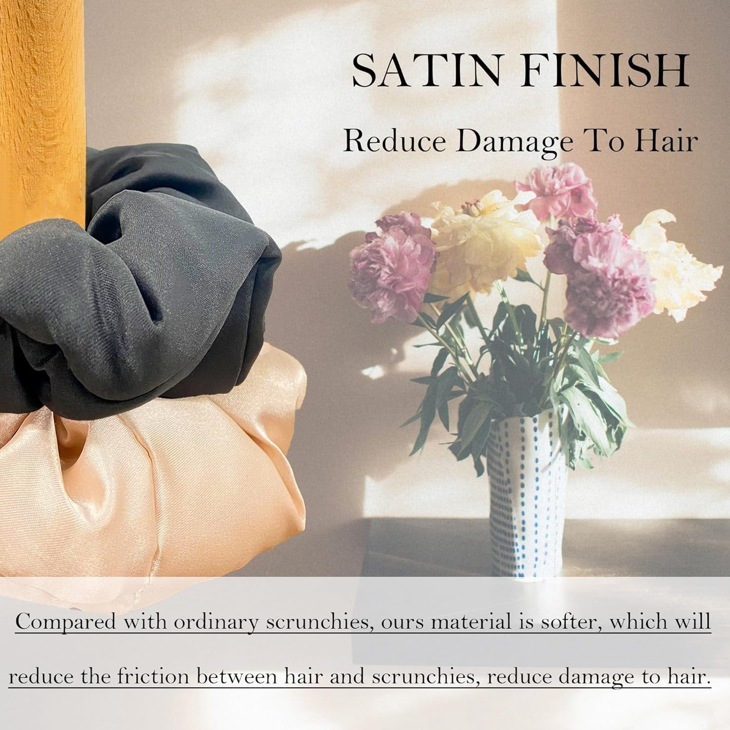 Satin Hair Scrunchies for Women - Scrunchies for Hair Sleep,Large Hair Ties Giant Satin Hair Ties for Thick Hair Large Scrunchy Hair Bands 2 count Black&Champagne