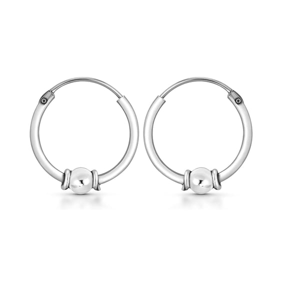 Balinese Beaded Ball Hoop Earrings in 925 Sterling Silver | 14mm Vintage Huggie Hoops for Women | Classic Bali-Inspired Earrings