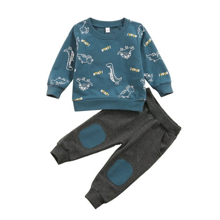 

Sunisery Toddler Baby Boys Girls Fall Outfits Cartoon Dinosaur Letters Printed Pullover Tops+Pants Infant Clothing Blue White 2-3 Years