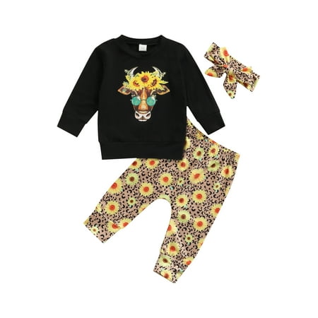 

aturustex Infant Baby Girl Set Bull Head Print Crewneck Long Sleeve Tops Sunflower Pattern Elastic Casual Pants Bow Headband Outfit