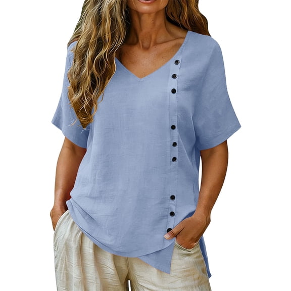 Diagonal Decorative Button Irregular Curved Hem Cotton Linen Short Sleeve Loose Top for Women Spring Summer Blouse S-3XL Plus Size