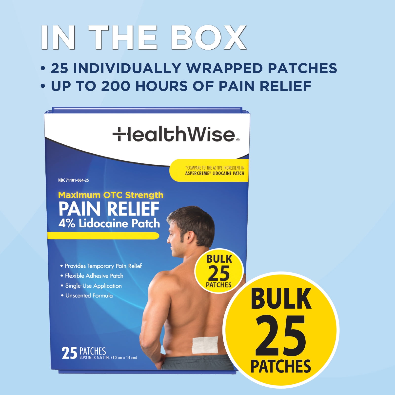 HealthWise™ Maximum Strength OTC Pain Relief Patch | 4% Lidocaine Patch | 3.9” x 5.5” | 25-Count Box | Paraben Free