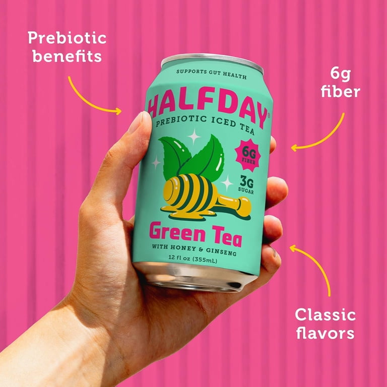 Halfday Prebiotic Green Iced Tea Drink, 12 fl oz, Honey Ginseng