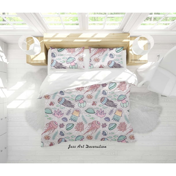3D Dibujado a mano de dibujos animados Shell Medusas Patrón Funda de edredón Set Ropa de Cama Set Edredón