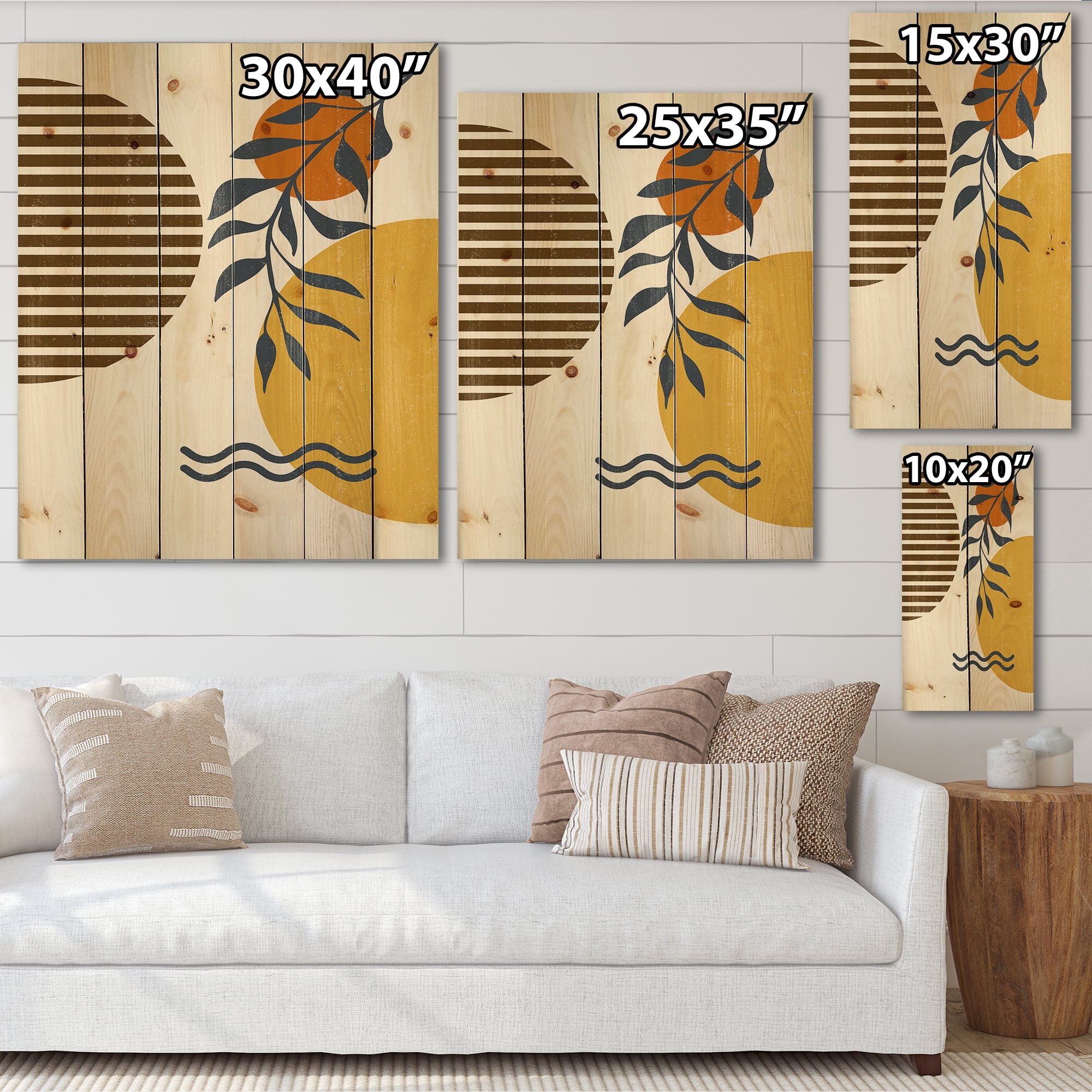 Designart 'Abstract Shapes With Botanical Minimalist Leaf I' Modern Print on Natural Pine Wood